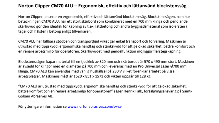 Norton Clipper CM70 ALU – Ergonomisk, effektiv och lättanvänd blockstenssåg