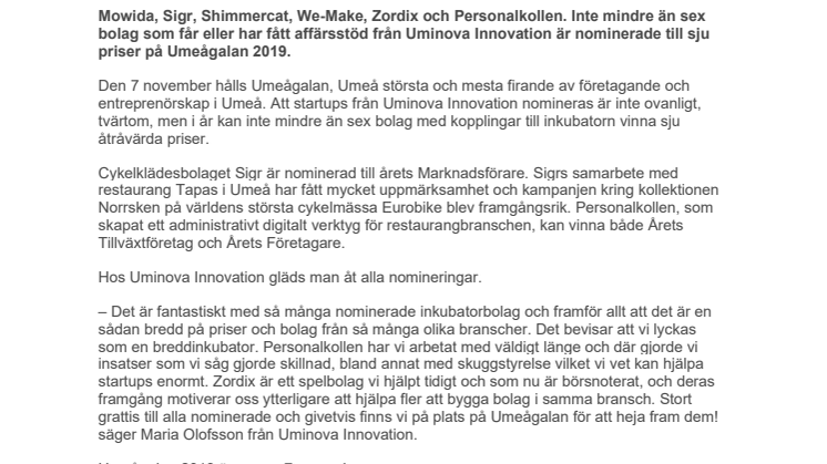 Uminova-bolag kan vinna sju priser på Umeågalan 2019