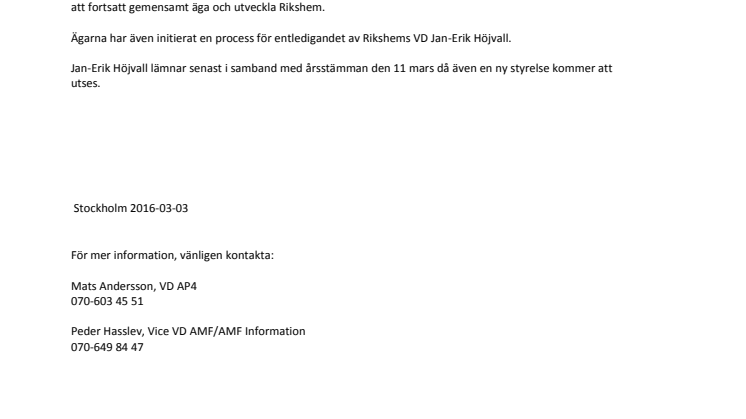 Ägarna överens om fortsatt gemensamt ägande av Rikshem