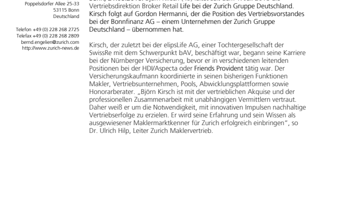 Kirsch ist neuer Leiter der Vertriebsdirektion Broker Retail Life bei Zurich