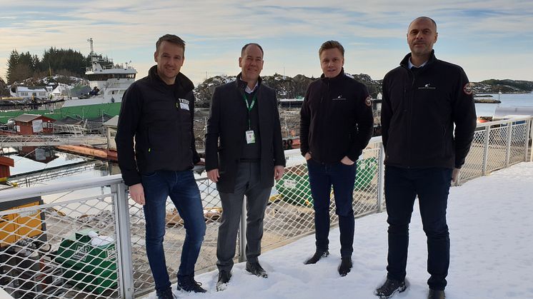 1. februar 2019 signerte TESS rammeavtale Bremnes Seashore om forbruksmateriell. Fra venstre; Segmentansvarlig Havbruk Njål Tvedt og markedsdirektør Espen Halland-Johansen, innkjøpssjef Jon Buscvold og innkjøpsleder digitalisering Mikael Søgaard.