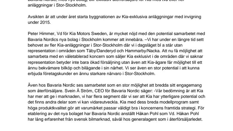 Bavaria Nordic etablerar nytt bolag och blir exklusiv återförsäljare av Kia