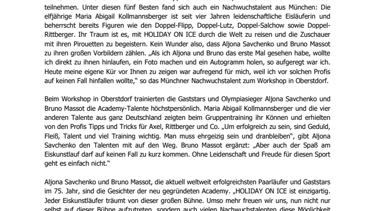 HOLIDAY ON ICE ACADEMY: Münchner Nachwuchstalent trainiert mit den Idolen Aljona Savchenko und Bruno Massot  