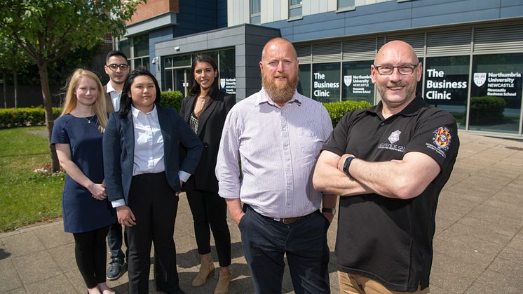 Back (L to R): The Business Clinic student consultancy team Emily Spink, Amir Aynetchi, Jiali Liu and Christina Krommyda with their clients Neil Osborne and Keith Broughton from Northumberland Spirit Company.