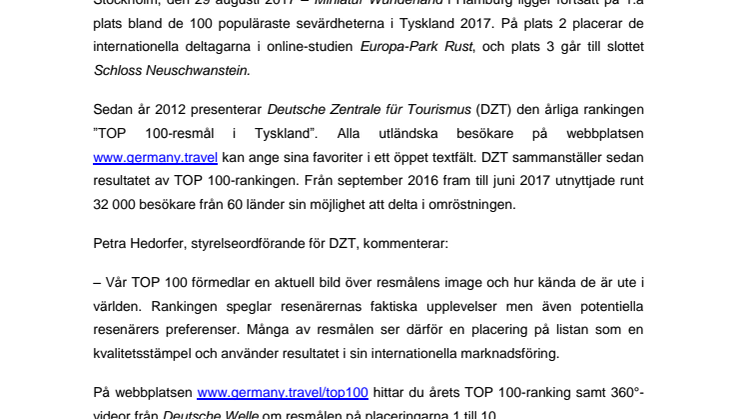 ​Internationella gäster korar sina 100 bästa sevärdheter i Tyskland 2017