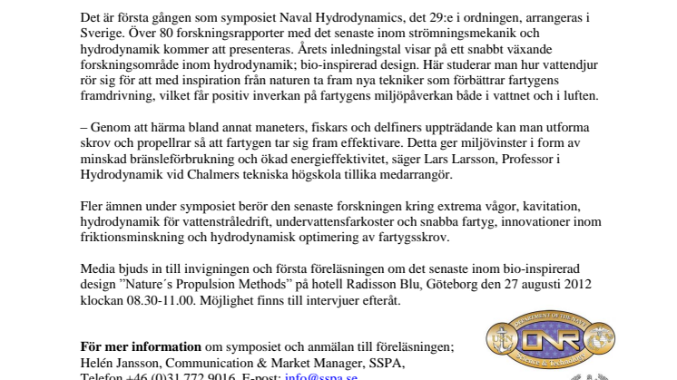 Maneter inspirerar framtidens sjöfart. Världssymposiet Naval Hydrodynamics till Göteborg 