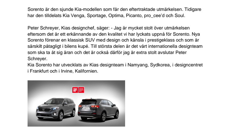 Prestigefyllt designpris till nya Sorento