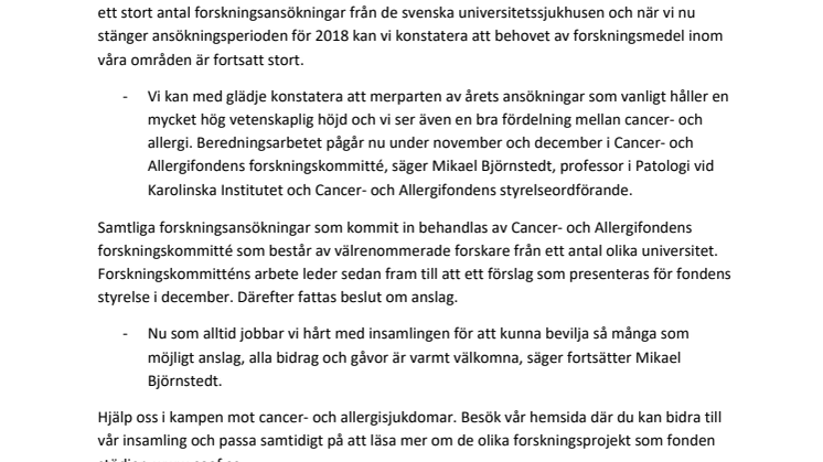 Stort antal forskningsansökningar till Cancer- och Allergifonden visar på fortsatt stort behov av miljörelaterad cancer- och allergiforskning