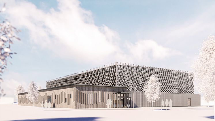 Ny idrottshall byggs vid Myråsskolan beklädd med ett spännande regelmaterial. Bild: Okidoki Arkitekter AB