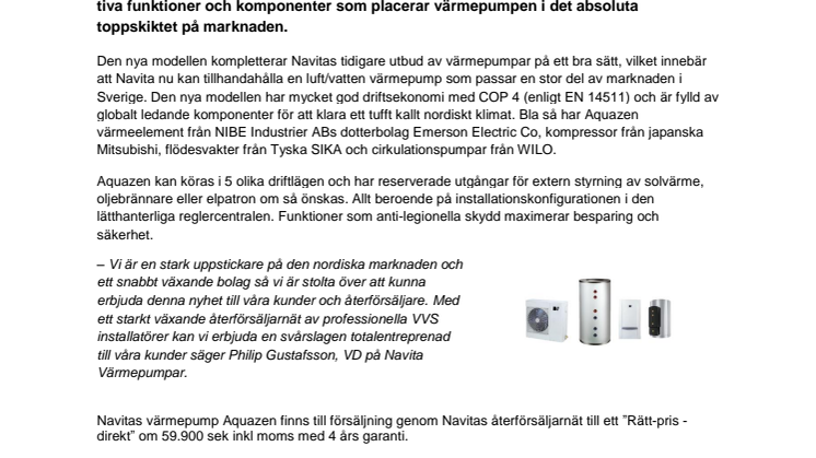 Navita Värmepumpar lanserar luft/vatten värmepumpen Aquazen 8. 