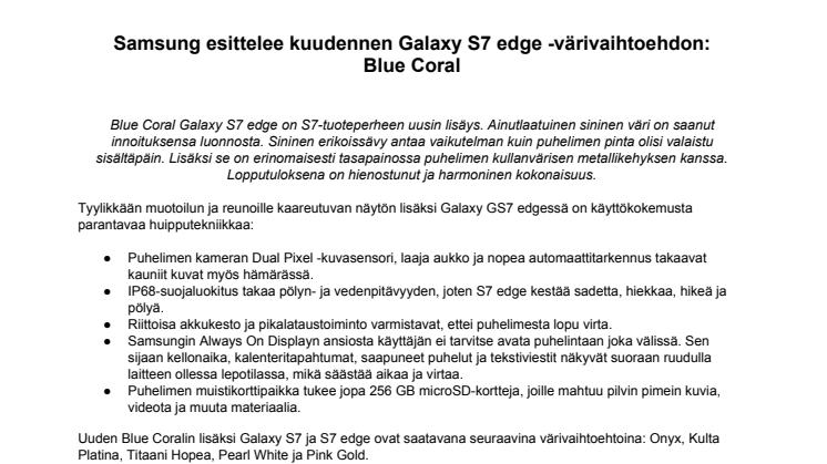 Samsung esittelee kuudennen Galaxy S7 edge -värivaihtoehdon: Blue Coral