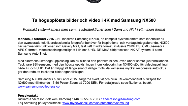 Ta högupplösta bilder och video i 4K med Samsung NX500