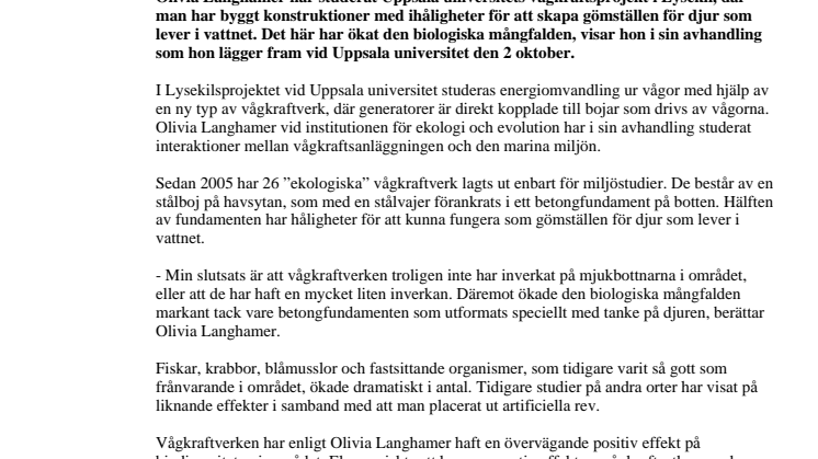 Vågkraft bidrar till den biologiska mångfalden i havet