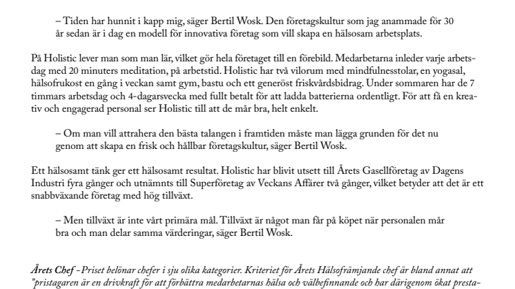 Holistics grundare Bertil Wosk nominerad till Årets Hälsofrämjande chef