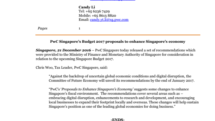 PwC Singapore’s Budget 2017 proposals to enhance Singapore's economy