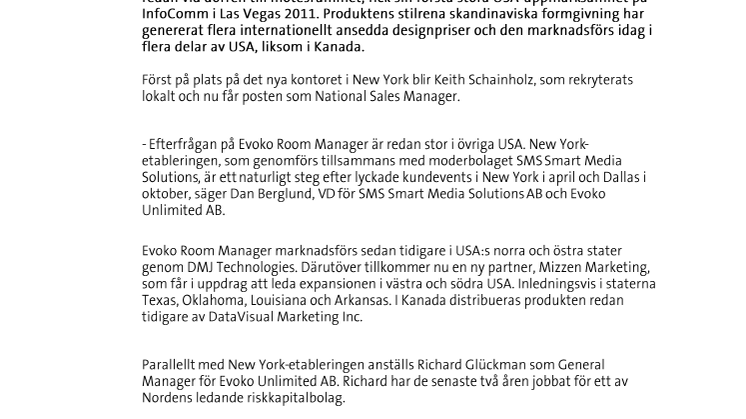 Evoko Room Managers amerikanska framgångar fortsätter med New York-kontor.