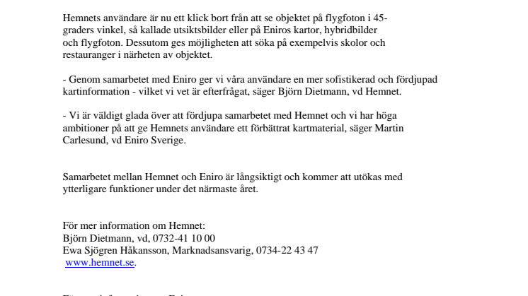 Hemnet och Eniro fördjupar samarbetet