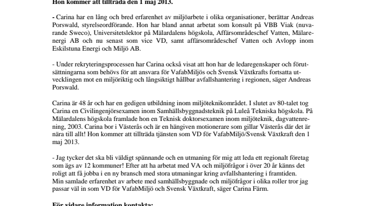 Carina Färm blir ny VD för Vafab Miljö AB och Svensk Växtkraft AB 