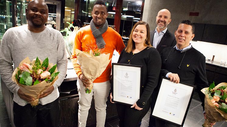 Assiom Akapo och Mahad Issa från Clean Car Service, Johanna Kiviniemi från Volvo Bil, Daniel Wiese från Vägen ut! kooperativen, Sergio Garay från SDF Västra Hisingen.