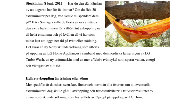 NY NORDISK UNDERSÖKNING FRÅN LG ELECTRONICS: SVENSKAR VILL HA MER TID FÖR AVKOPPLING PÅ KVÄLLEN