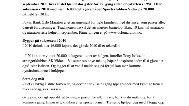 Fokus Bank Oslo Maraton åpner påmeldingen 1.desember kl 09.00 