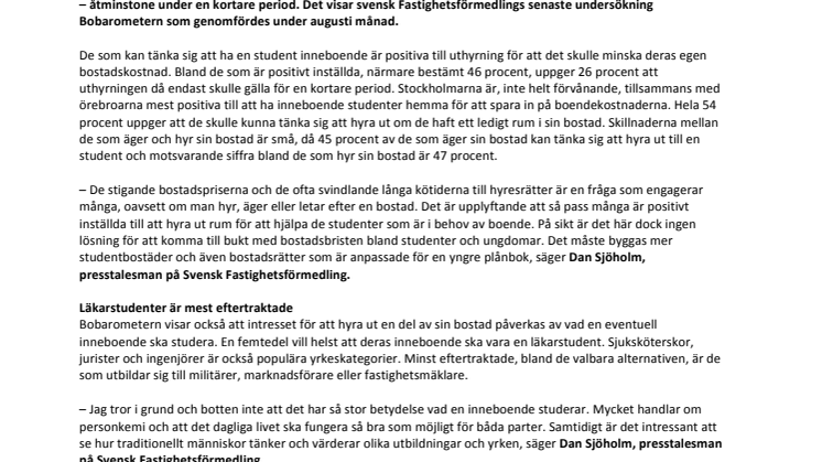 Nästan hälften av svenskarna kan tänka sig att hyra ut rum till studenter