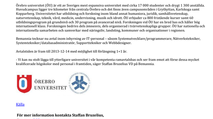 Bemannia skriver avtal med Linköpings- och Örebro universitet