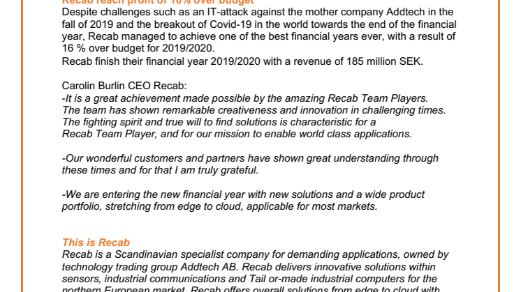  Recab Success - Reach profit of 16% over budget (A Part Of the Addtech Group)