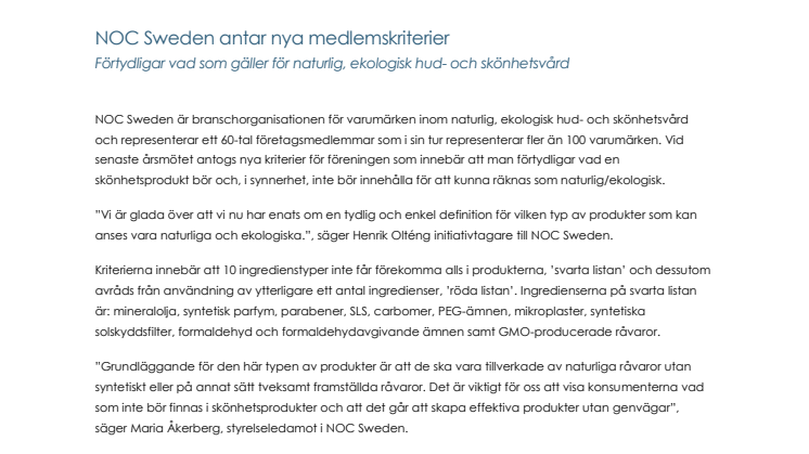NOC Sweden antar nya medlemskriterier - förtydligar vad som är naturlig, ekologisk hudvård