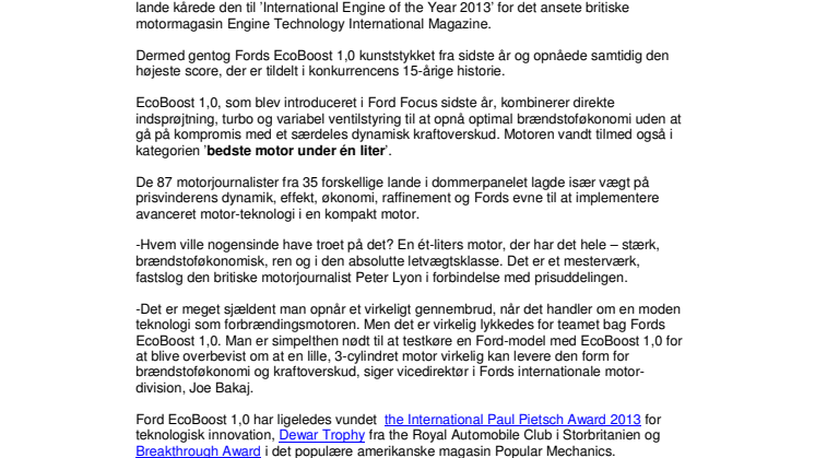 FORD ECOBOOST 1,0 KÅRET TIL ÅRETS BEDSTE MOTOR – IGEN!