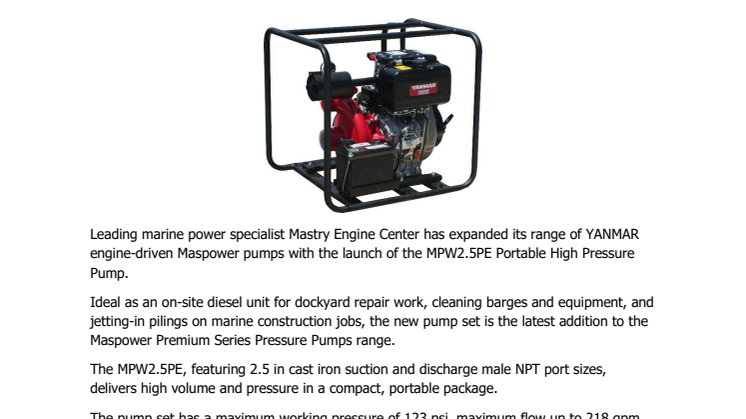 Mastry Engine Center Introduces New Maspower MPW2.5PE Portable High Pressure Pump