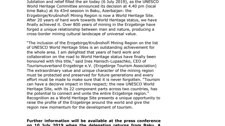 We’ve done it! The Erzgebirge/Krušnohoří Mining Region has been awarded UNESCO World Heritage status