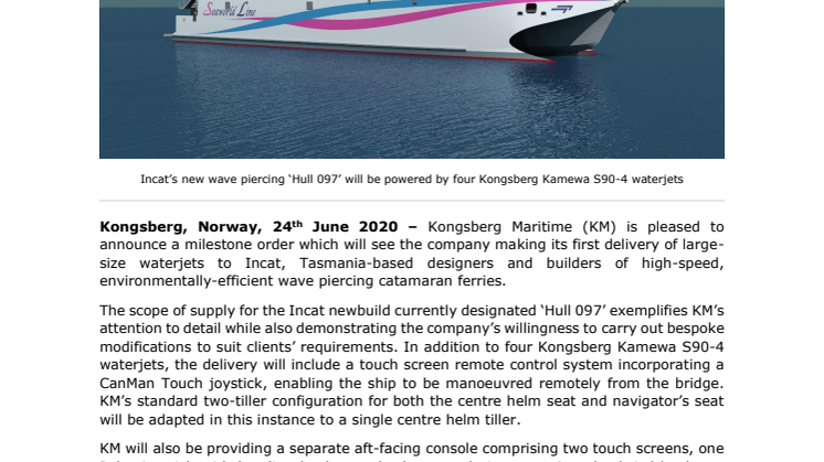 Kongsberg Maritime and Incat shake hands on inaugural contract for delivery of large-size waterjets