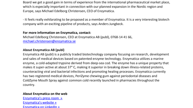 Anders Jungbeck proposed as new member of the Board of Enzymatica