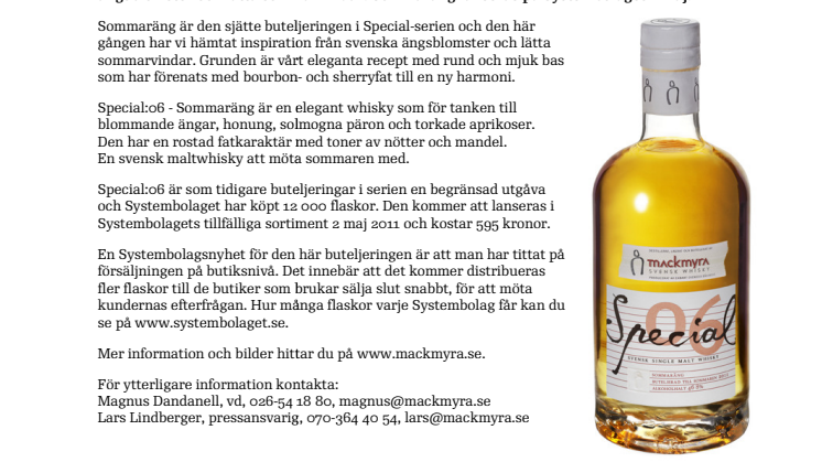 Special:06 – Sommaräng från Mackmyra Svensk Whisky på Systembolaget från 2 maj
