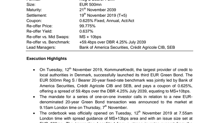 KOMMUNEKREDIT EUR 500mn 20-year Green Bond 