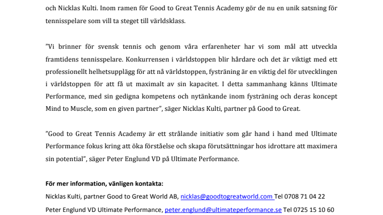 Good to Great Tennis Academy och Ultimate Performance ingår samarbete