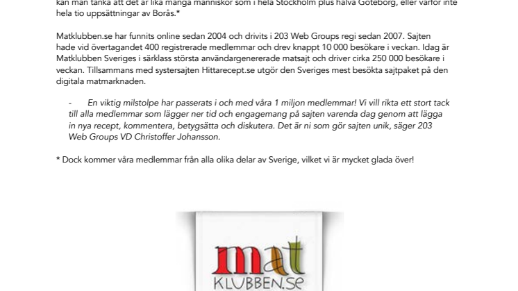 Matklubben.se passerar 1 miljooon medlemmar