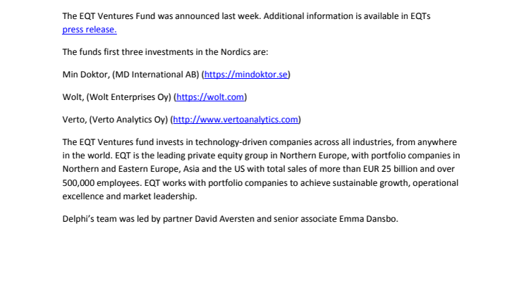 Delphi advises EQT Ventures in relation to its first three investments in the Nordics - Min Doktor, Wolt and Verto 
