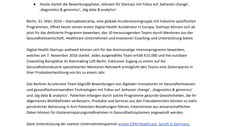 Startupbootcamp startet seinen ersten Digital Health Accelerator in Europa