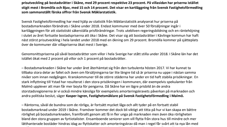 Årsresumé av bostadsmarknadsåret 2018: Kraftig prisutveckling i skånska kommuner