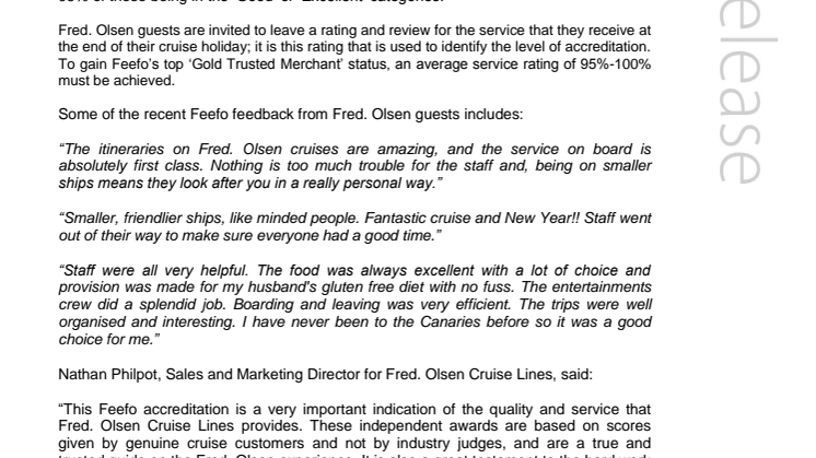 Fred. Olsen Cruise Lines is proud to be recognised as a Feefo ‘Gold Trusted Merchant’ for the second year in a row