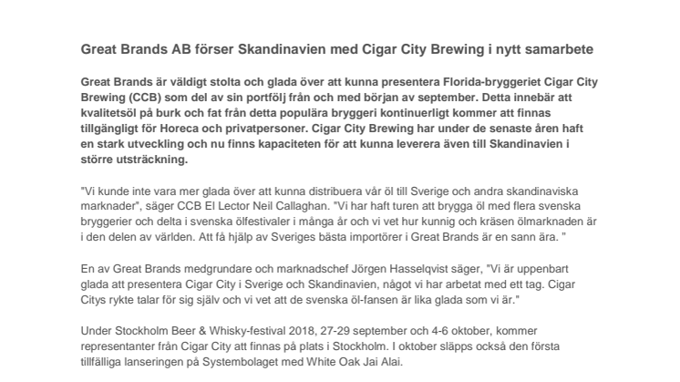 Great Brands AB förser Skandinavien med Cigar City Brewing i nytt samarbete