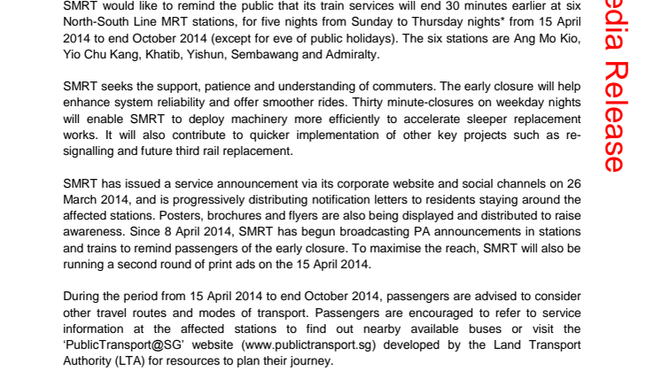 Reminder: Train services between Ang Mo Kio and Admiralty MRT stations end by 12.30am from 15 April 2014