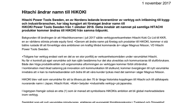 Hitachi ändrar namn till HiKOKI