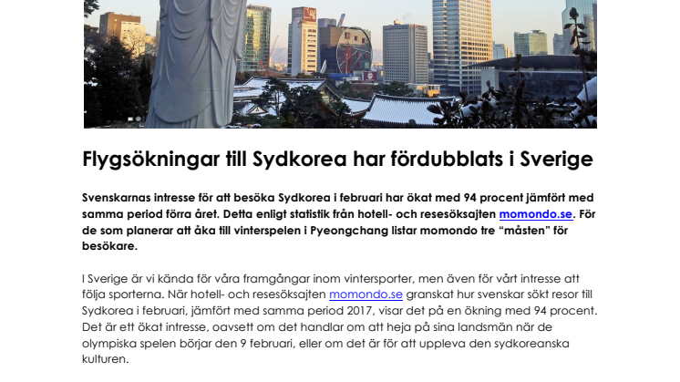 Flygsökningar till Sydkorea har fördubblats i Sverige