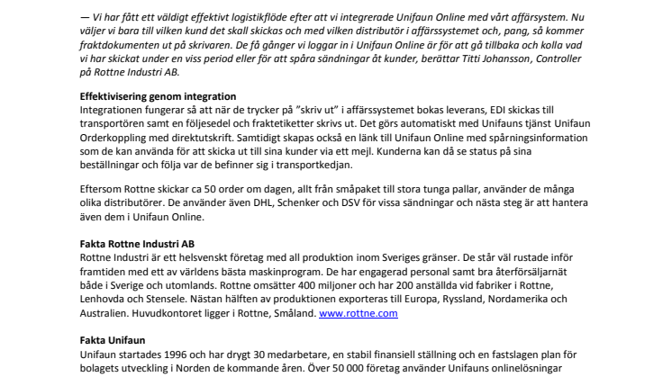 Rottne Industri effektiviserar sin logistik med TA-systemet Unifaun Online