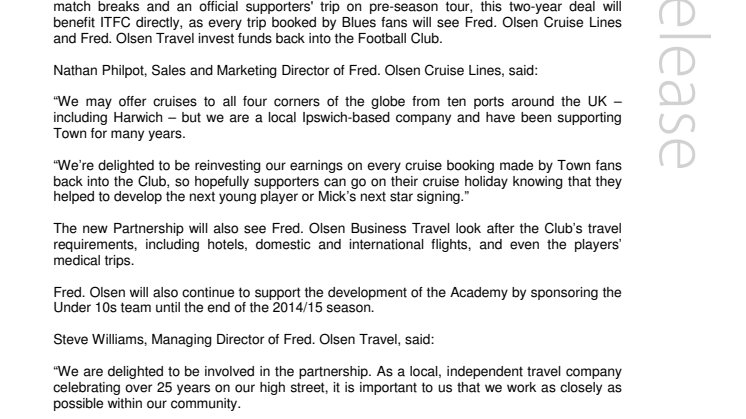 Fred. Olsen becomes Official Cruise and Travel Partner  of Ipswich Town Football Club