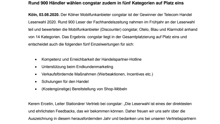congstar gewinnt die Telecom Handel Leserwahl 2020 bei den Discountern