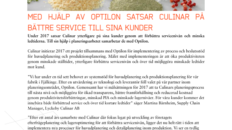 Med hjälp av Optilon satsar Culinar på bättre service till sina kunder